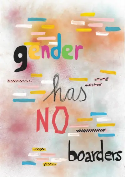 Künstlerisch-abstraktes Plakat mit der Aufschrift: Gender has no boarders.