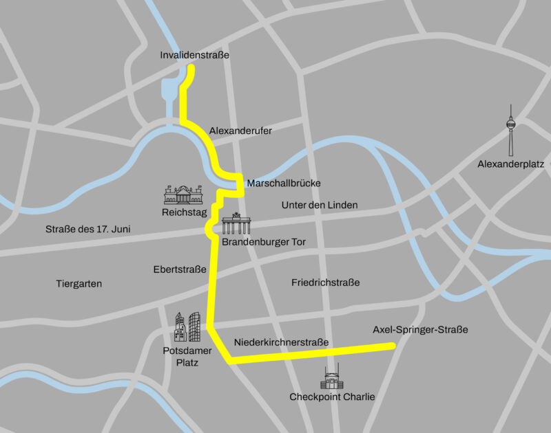 schematische Karte mit Streckenverlauf der Feierlichkeiten um 35 Jahre Mauerfall, folgend dem ehemaligen Berliner Mauerverlauf von Axel-Springer-Straße bis Invalidenstraße