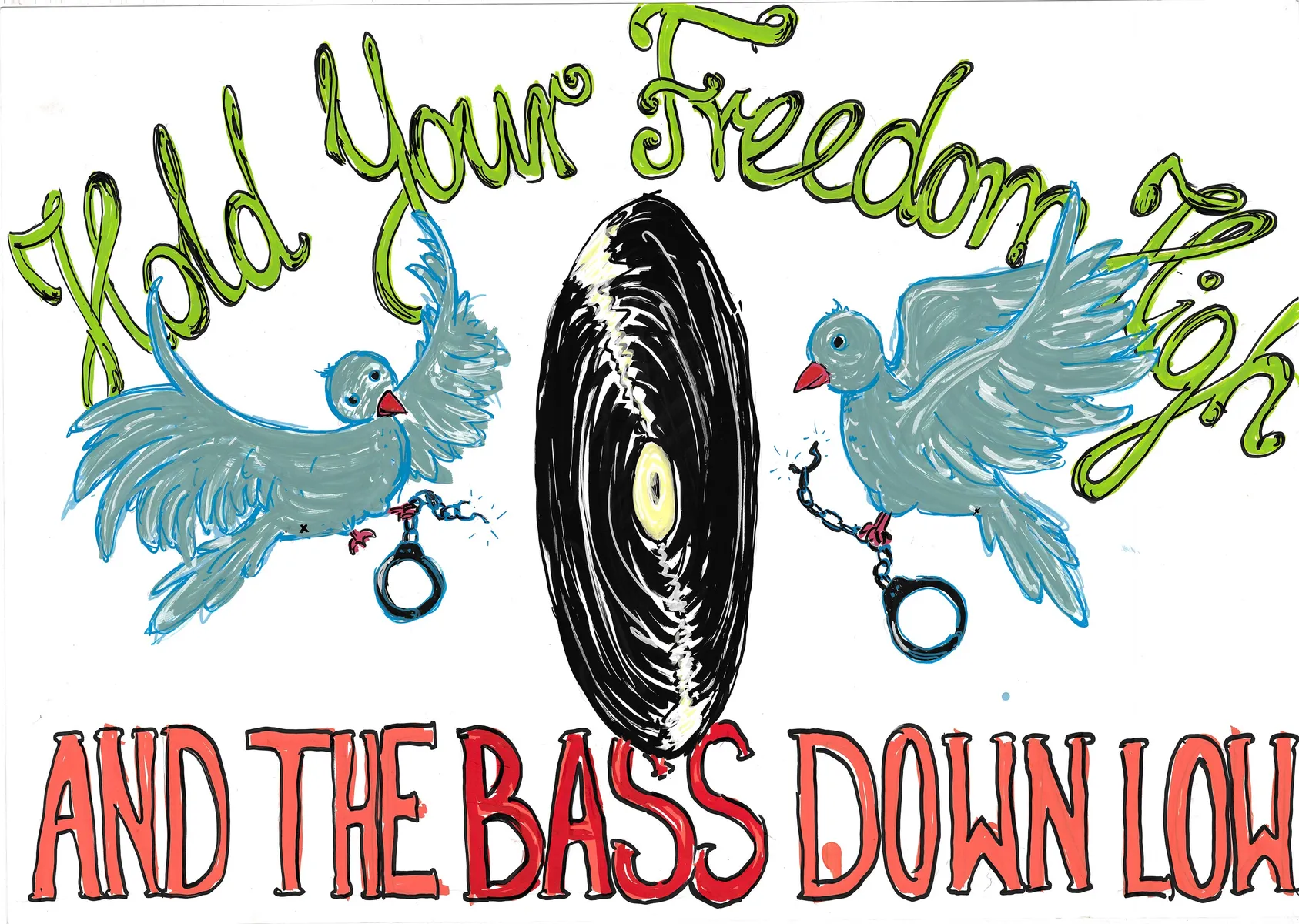 Eine Schallplatte in der Mitte, zwei Vögel mit gekappten Eisenfesseln fliegen in der Luft. Die Aufschrift des Plakats: Hold your freedom high and the bass down low.