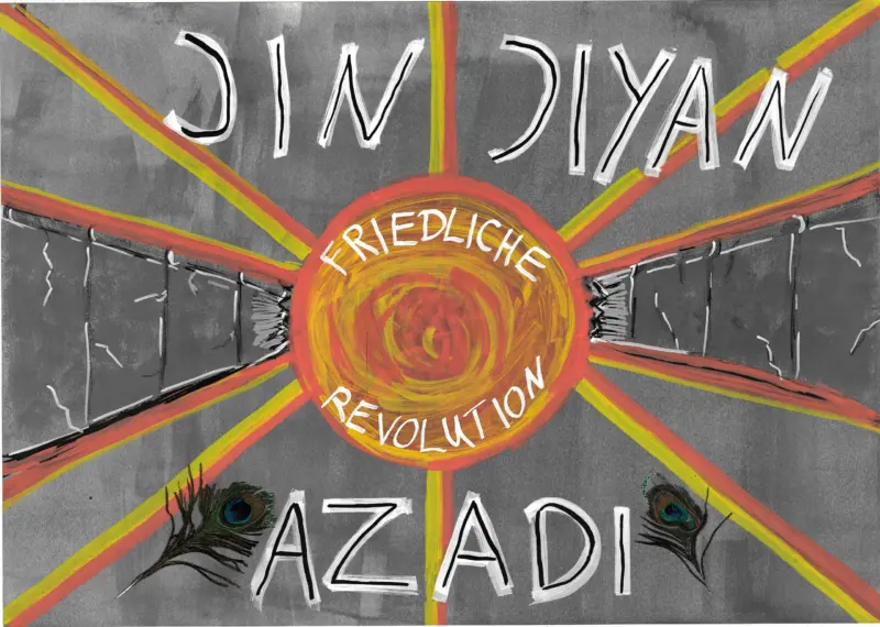 Artistic poster with the sun and the lettering Jin, Jiyan, Azadî