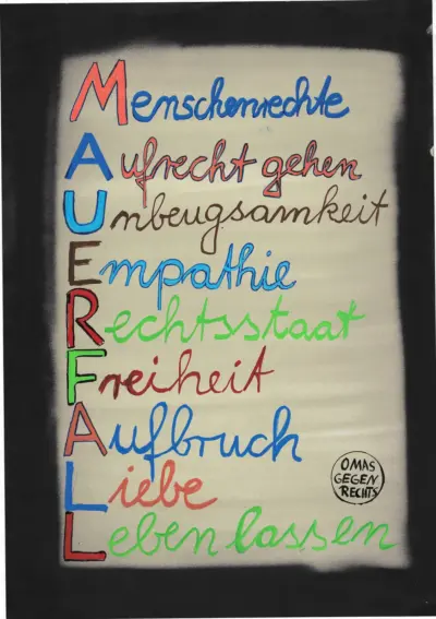 Künstlerisches Plakat. Vertikal der Schriftzug Mauerfall. Horizontal Wörter mit den Anfangsbuchstaben, Meschenrechte, Aufrecht gehen, Unbeugsamkeit, Empathie, Rechtsstaat, Freiheit, Aufbruch, Liebe, Leben lassen.