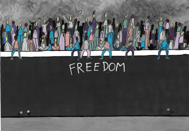 Artistic poster. People on the wall. Lettering on the wall: Freedom.